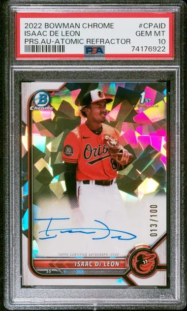2022 Bowman Chrome Isaac De Leon Prospect Autographs Atomic Refractor #CPA-ID card image