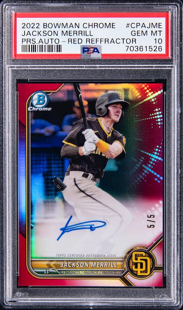 2022 Bowman Chrome Jackson Merrill Prospect Autographs Red Refractor #CPA-JME card image