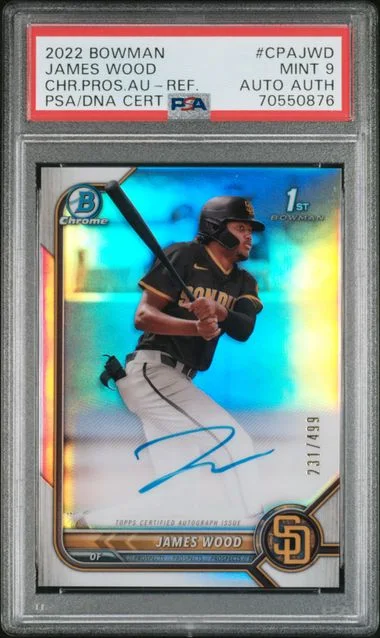 2022 Bowman Chrome James Wood Prospect Autographs Yellow Refractors #CPA-JWD card image