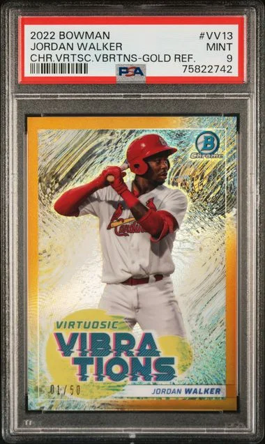 2022 Bowman Chrome Jordan Walker Virtuosic Vibrations Gold Refractor #Vv13 card image