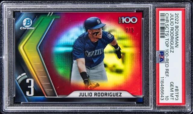 2022 Bowman Chrome Julio Rodriguez Scouts Top 100 Red Refractor #BTP-3 card image