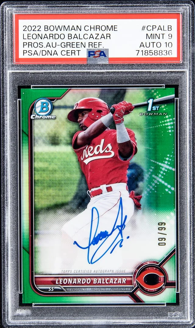 2022 Bowman Chrome Leonardo Balcazar Prospect Autographs Green Refractor #CPALB card image