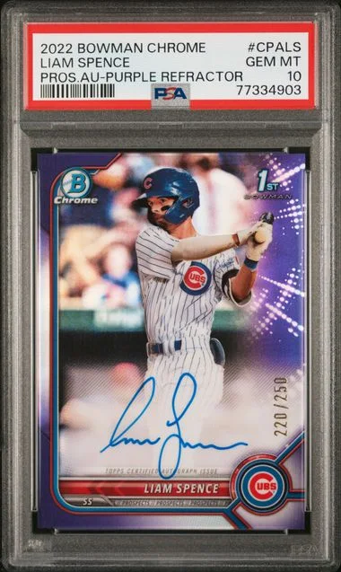 2022 Bowman Chrome Liam Spence Prospect Autographs Purple Refractor #CPA-LS card image