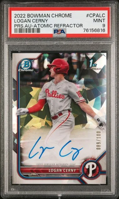 2022 Bowman Chrome Logan Cerny Prospect Autographs Atomic Refractor #CPALC card image
