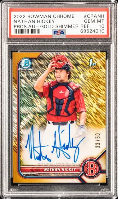 2022 Bowman Chrome Nathan Hickey Prospect Autographs Gold Shimmer Refractor #CPANH card image