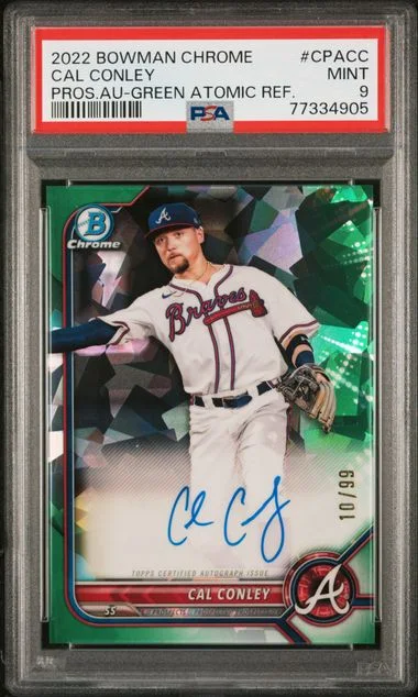 2022 Bowman Chrome Prospect Autographs Green Atomic Refractor Cpacc Cal Conley #no-number card image