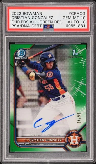 2022 Bowman Chrome Prospect Autographs Green Refractor Cpacg Cristian Gonzalez #no-number card image
