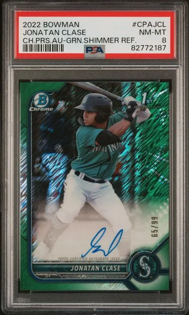 2022 Bowman Chrome Prospect Autographs Green Shimmer Refractor CPA-JCL Jonatan Clase #no-number card image