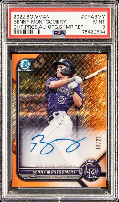 2022 Bowman Chrome Prospect Autographs Orange Shimmer Refractor Cpabmy Benny Montgomery #no-number card image
