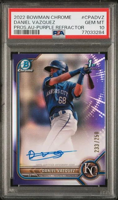 2022 Bowman Chrome Prospect Autographs Purple Refractor Cpadvz Daniel Vazquez #no-number card image
