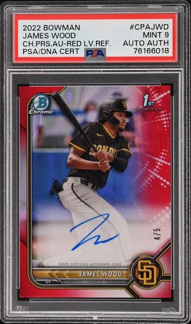 2022 Bowman Chrome Prospect Autographs Red Lava Refractor Cpajwd James Wood #no-number card image