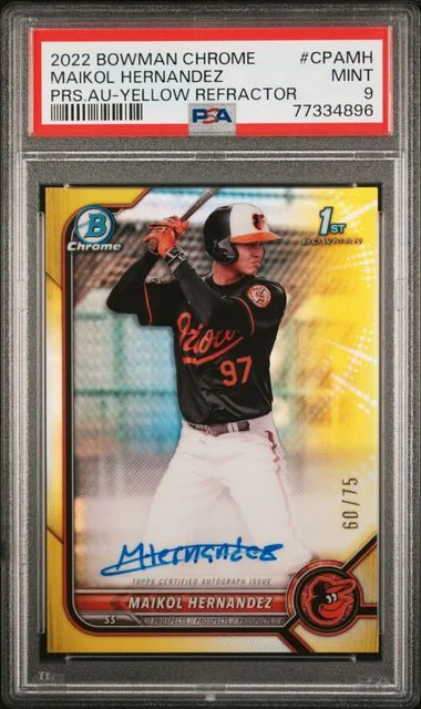 2022 Bowman Chrome Prospect Autographs Yellow Refractor Cpamh Maikol Hernandez #no-number card image