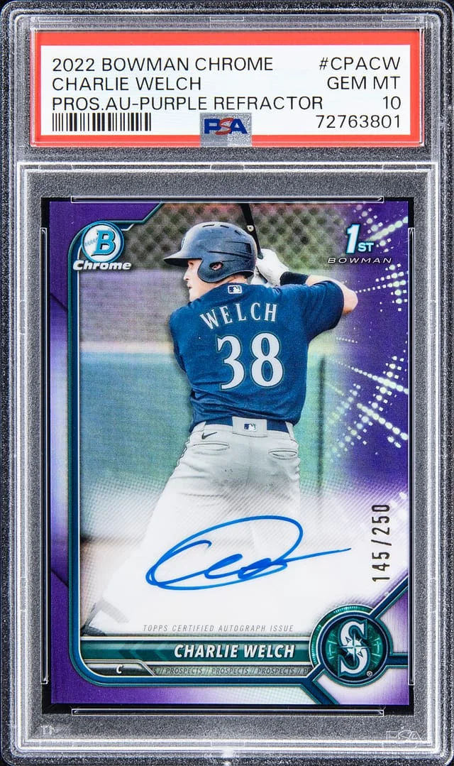 2022 Bowman Chrome Prospects Charlie Welch Autograph - Purple Refractor #CPACW card image
