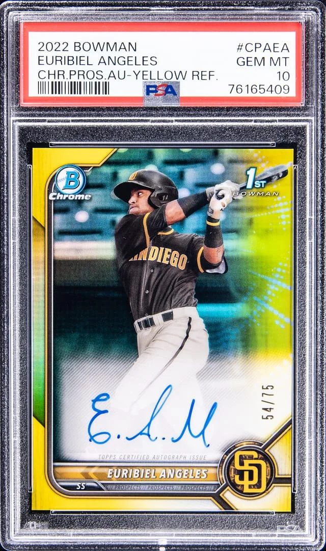 2022 Bowman Chrome Prospects Euribiel Angeles Singed Autograph Yellow Refractor #CPAEA card image