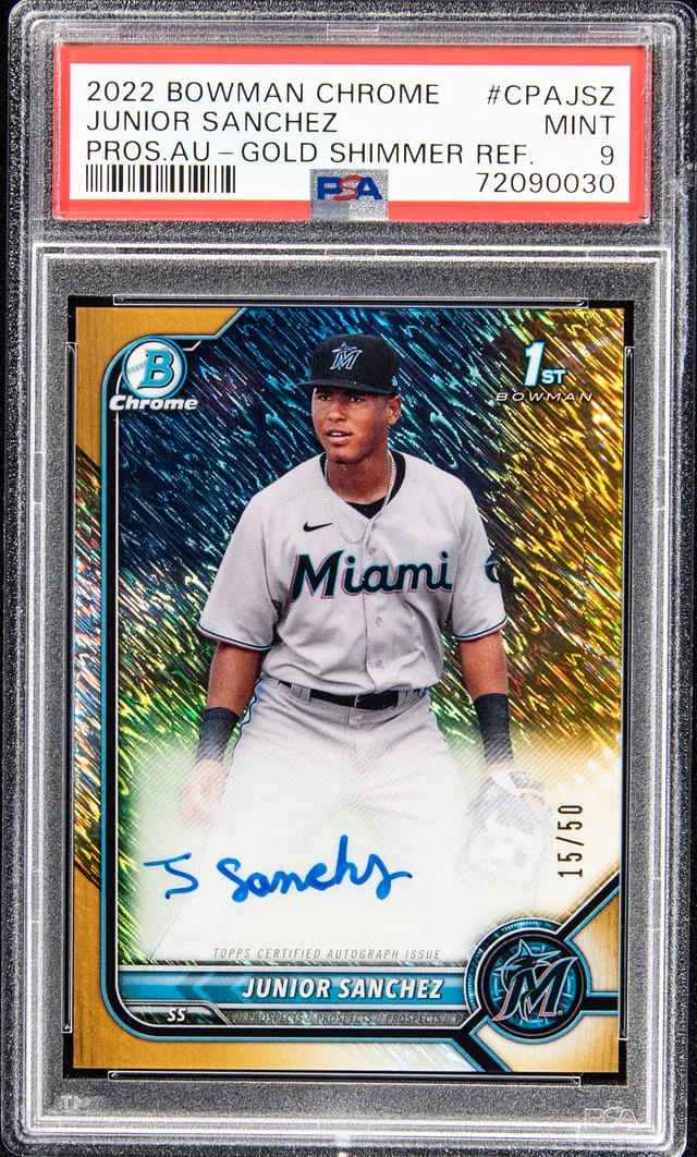 2022 Bowman Chrome Prospects Junior Sanchez Autograph - Gold Shimmer Refractor #CPAJSZ card image
