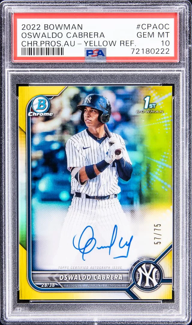 2022 Bowman Chrome Prospects Oswaldo Cabrera Autograph - Yellow Refractor #CPAOC card image