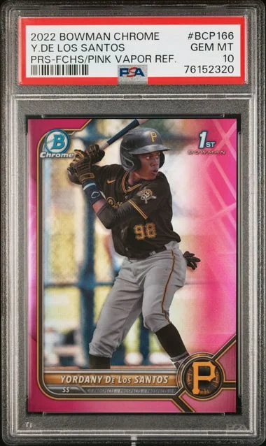 2022 Bowman Chrome Prospects Yordany De Los Santos Fuschia/Pink Vapor Refractor #BCP-166 card image