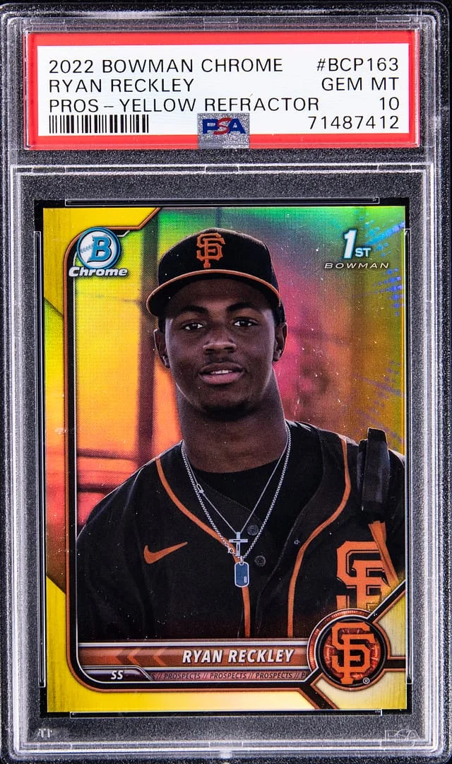 2022 Bowman Chrome Ryan Reckley Prospect Autographs - Yellow Refractor #BCP163 card image