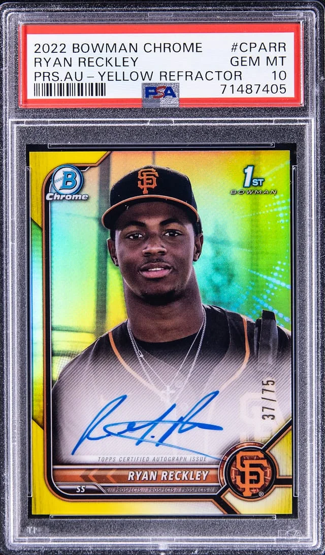 2022 Bowman Chrome Ryan Reckley Prospect Autograph Yellow Refractor #CPA-RR card image