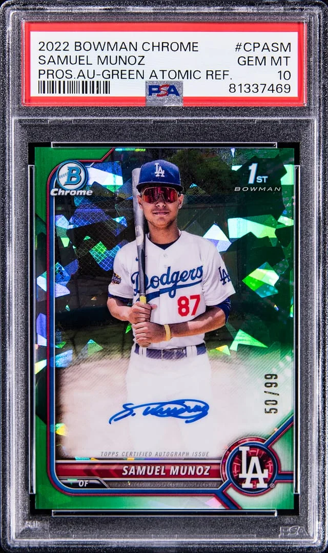 2022 Bowman Chrome Samuel Munoz Prospect Autographs Green Atomic Refractor #CPA-SM card image