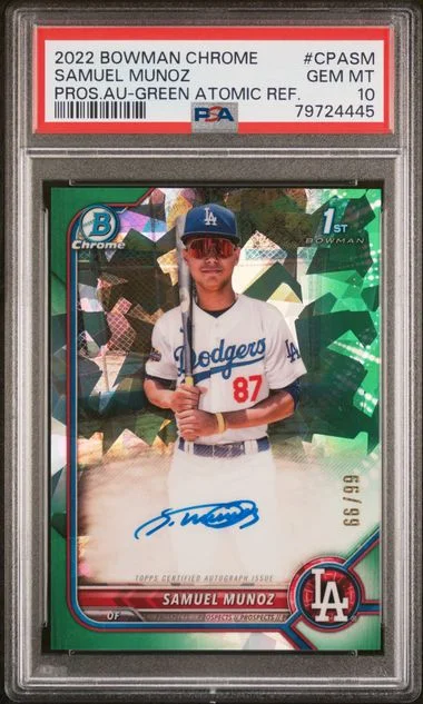 2022 Bowman Chrome Samuel Munoz Prospect Autographs Green Atomic Refractor #CPASM card image