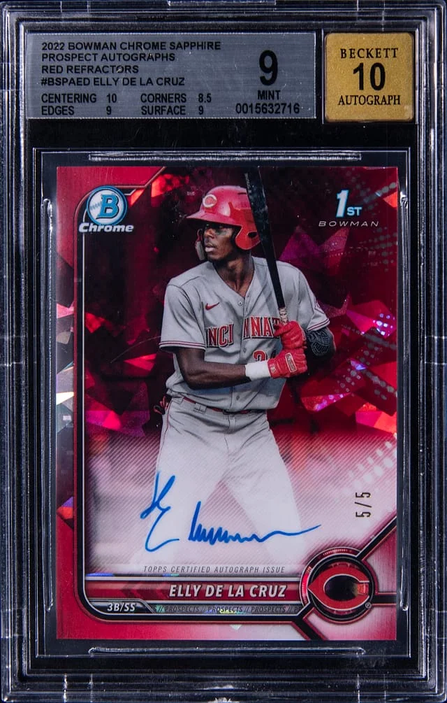 2022 Bowman Chrome Sapphire Elly De La Cruz Prospect Autographs Red Refractor #BSPA-ED card image