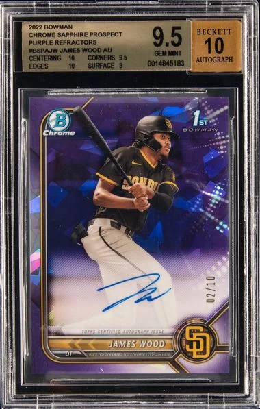 2022 Bowman Chrome Sapphire James Wood Prospect Purple Refractor #BSPA-JW card image
