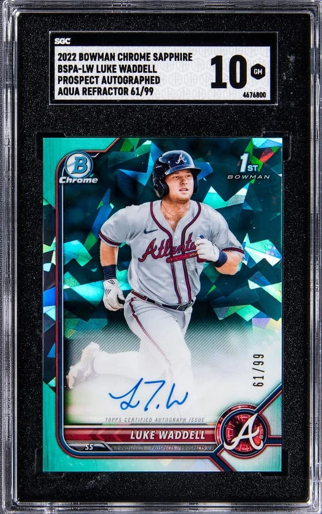2022 Bowman Chrome Sapphire Luke Waddell Prospect Autographed Aqua Refractor #BSPA-LW card image