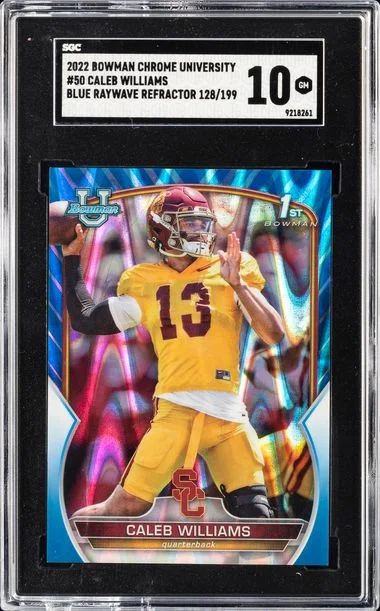 2022 Bowman Chrome University Caleb Williams Blue Raywave Refractor #50 card image