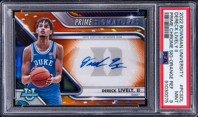 2022 Bowman Chrome University Dereck Lively II Singed Prime Chrome Signature Orange Refractor #PCSDL card image