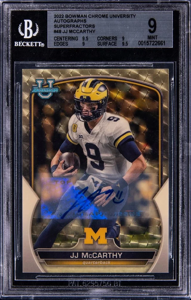 2022 Bowman Chrome University JJ McCarthy Autographs SuperFractor #48 card image