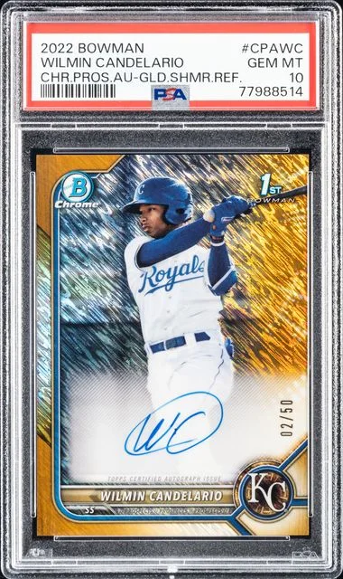 2022 Bowman Chrome Wilmin Candelario Prospect Autographs Gold Shimmer Refractor #CPAWC card image