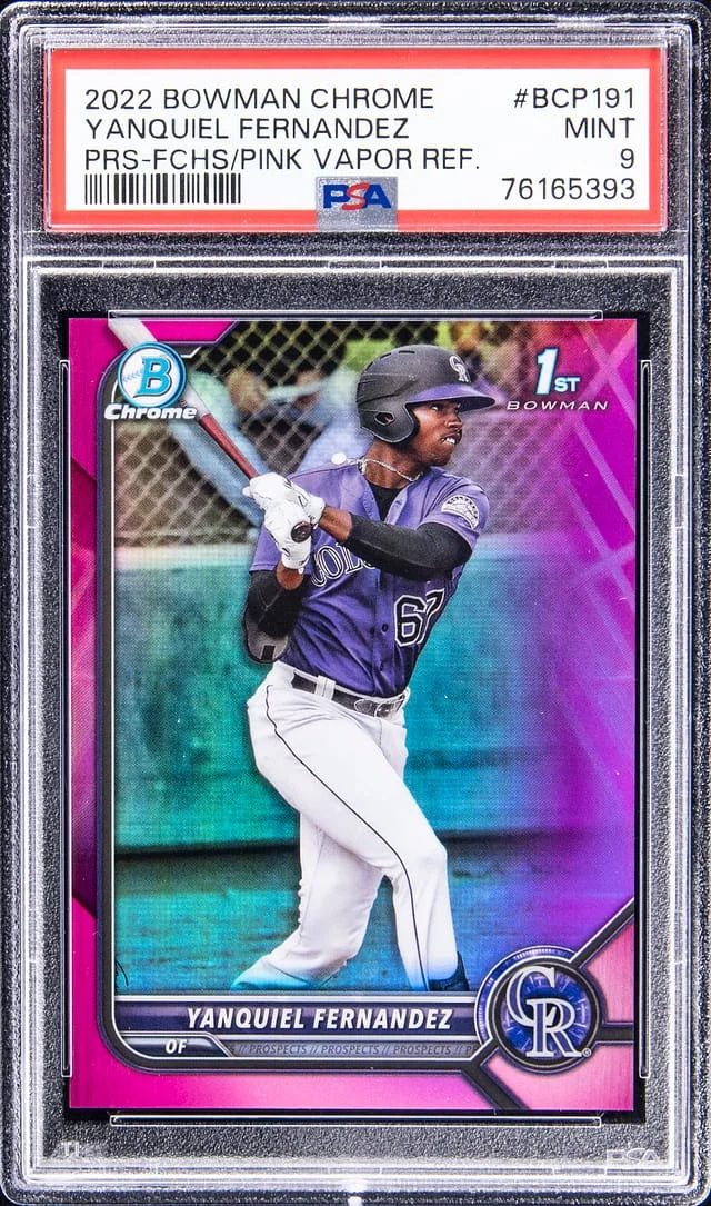 2022 Bowman Chrome Yanquiel Fernandez Prospect Fuchsia/Pink Vapor Refractor #BCP191 card image