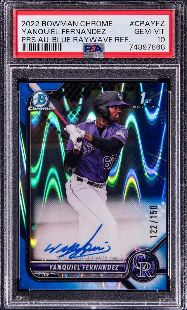 2022 Bowman Chrome Yanquiel Fernandez Prospect Autographs Blue Raywave Refractor #CPA-YFZ card image