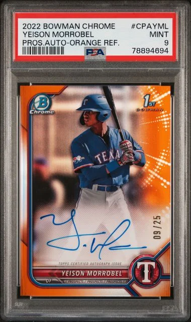 2022 Bowman Chrome Yeison Morrobel Prospect Autographs Orange Refractor #COA-YML card image