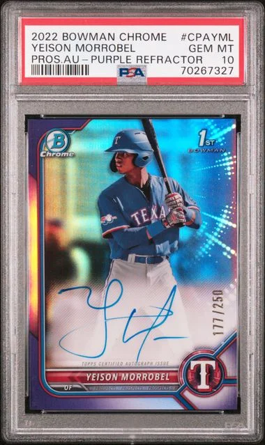 2022 Bowman Chrome Yeison Morrobel Prospect Autographs Purple Refractor #CPA-YML card image