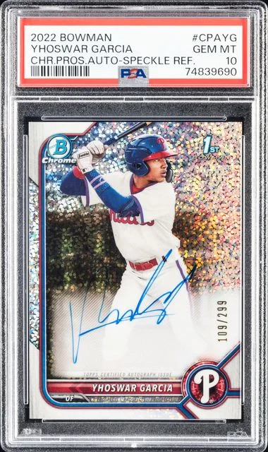 2022 Bowman Chrome Yhoswar Garcia Prospect Autographs Speckle Refractor #CPAYG card image