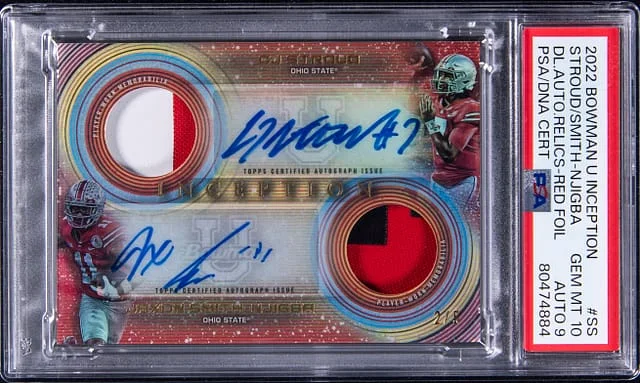 2022 Bowman CJ Stroud/Jaxon Smith-Njigba Singed U Inception Dual Autographs Relics Red Foil #DADR-SS card image