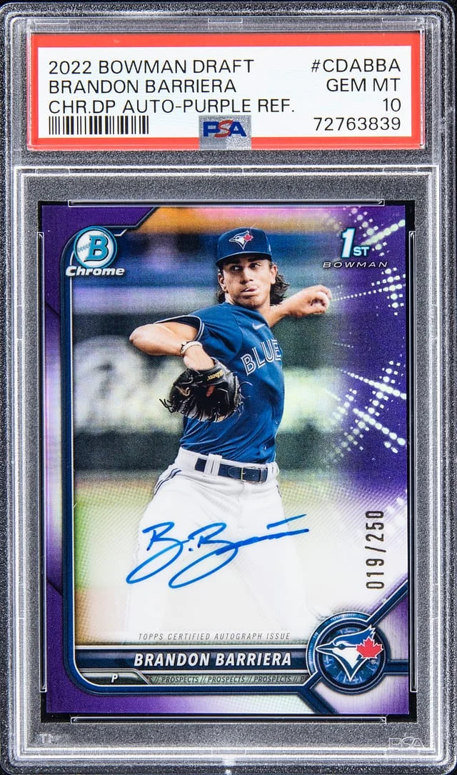 2022 Bowman Draft Brandon Barriera Chrome Draft Picks Autograph - Purple Refractor #CDABBA card image