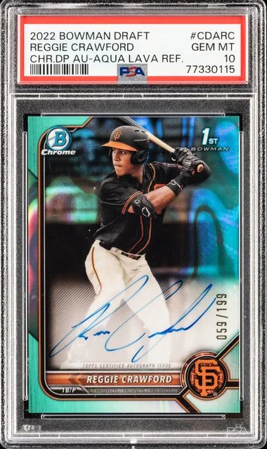 2022 Bowman Draft Chrome Draft Pick Autographs Aqua Lava Refractor Cdarc Reggie Crawford #no-number card image