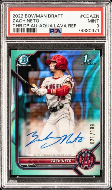 2022 Bowman Draft Chrome Draft Pick Autographs Aqua Lava Refractor Cdazn Zach Neto #no-number card image