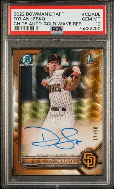 2022 Bowman Draft Chrome Draft Pick Autographs Gold Wave Refractor Cdadl Dylan Lesko #no-number card image