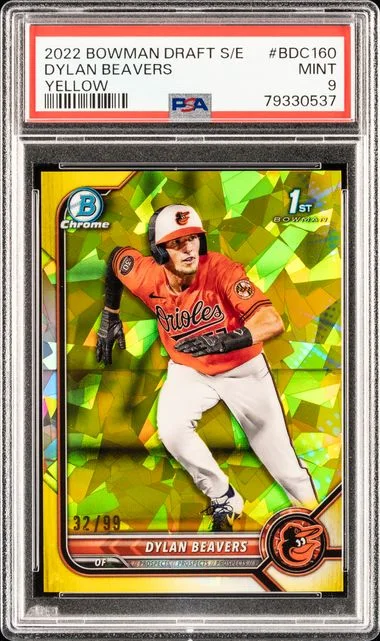2022 Bowman Draft Dylan Beavers Chrome Sapphire Edition Yellow #Bdc160 card image