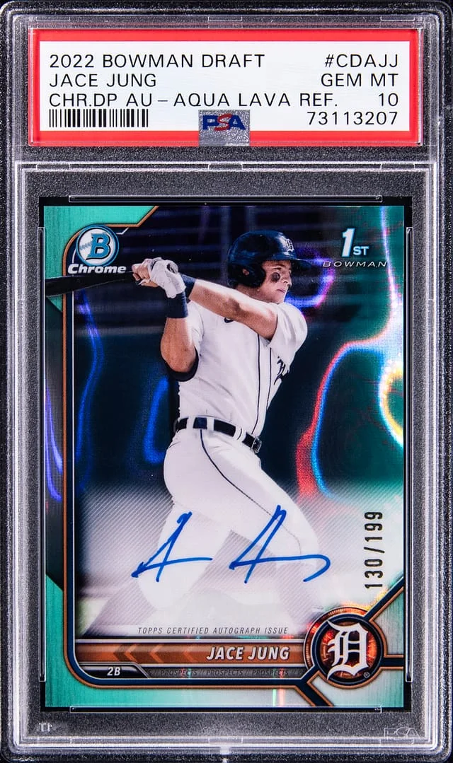 2022 Bowman Draft Jace Jung Chrome Draft Picks Autograph Aqua Lava Refractor #CDA-JJ card image