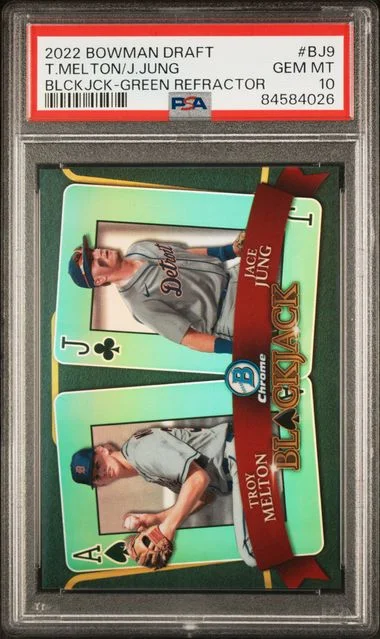 2022 Bowman Draft Jace Jung/Troy Melton Blackjack Green Refractor #BJ9 card image