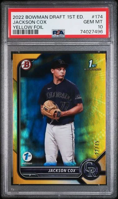 2022 Bowman Draft Jackson Cox 1st Edition Yellow Foil #174 card image