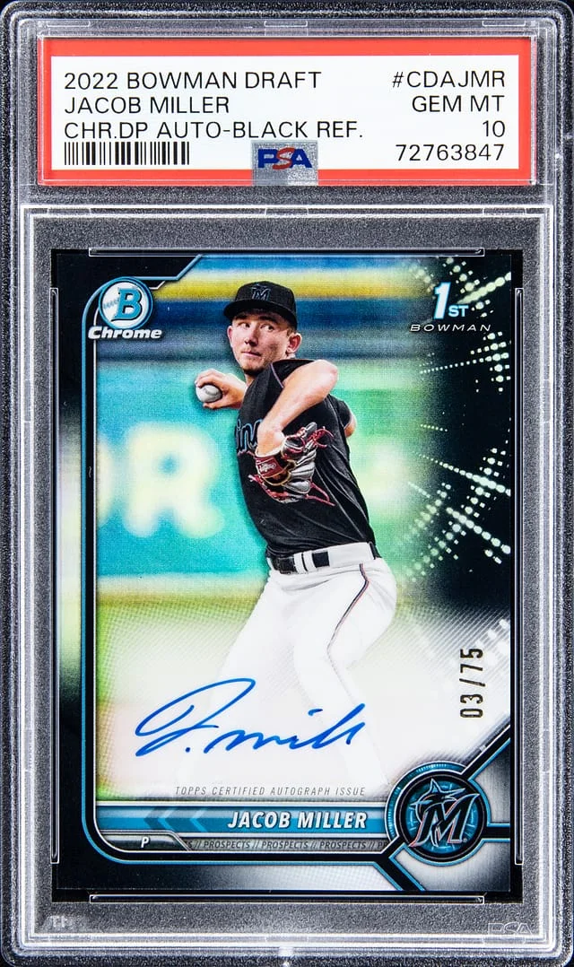 2022 Bowman Draft Jacob Miller Chrome Draft Pick Autograph - Black Refractor #CDAJMR card image