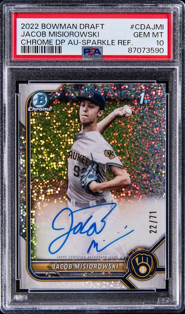 2022 Bowman Draft Jacob Misiorowski Chrome Draft Picks Autographs Sparkle Refractor #CDA-JMI card image