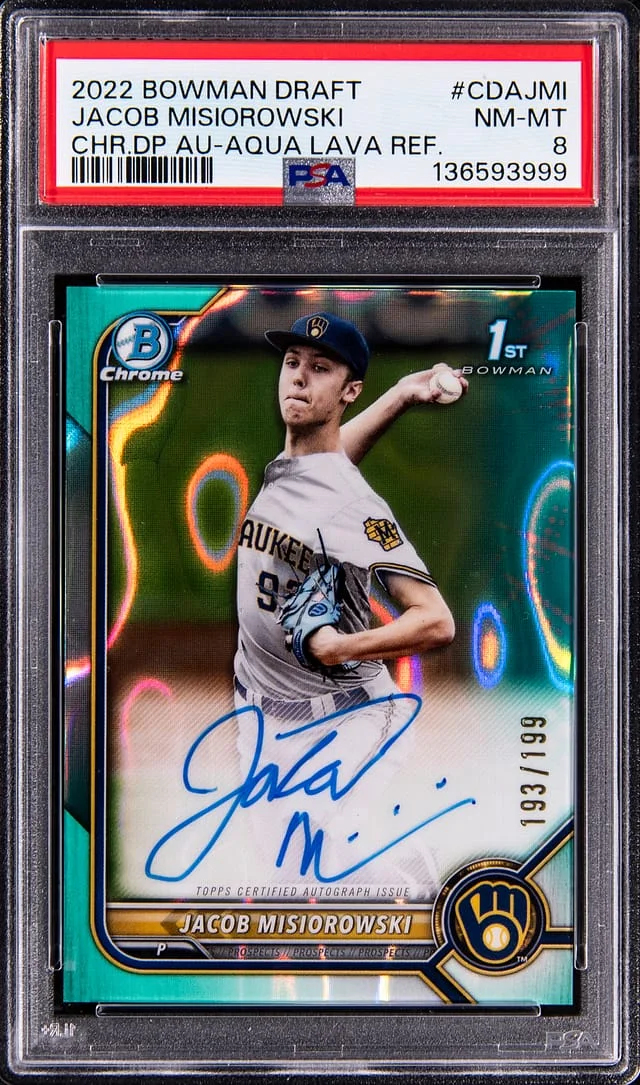 2022 Bowman Draft Jacob Misiorowski Chrome Draft Picks Autograph Aqua Lava Refractor #CPA-JMI card image