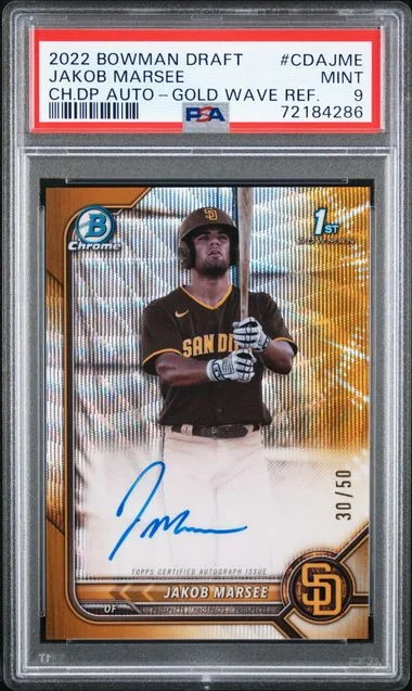 2022 Bowman Draft Jakob Marsee Chrome Draft Pick Autographs Gold Wave Refractor #CDA-JME card image